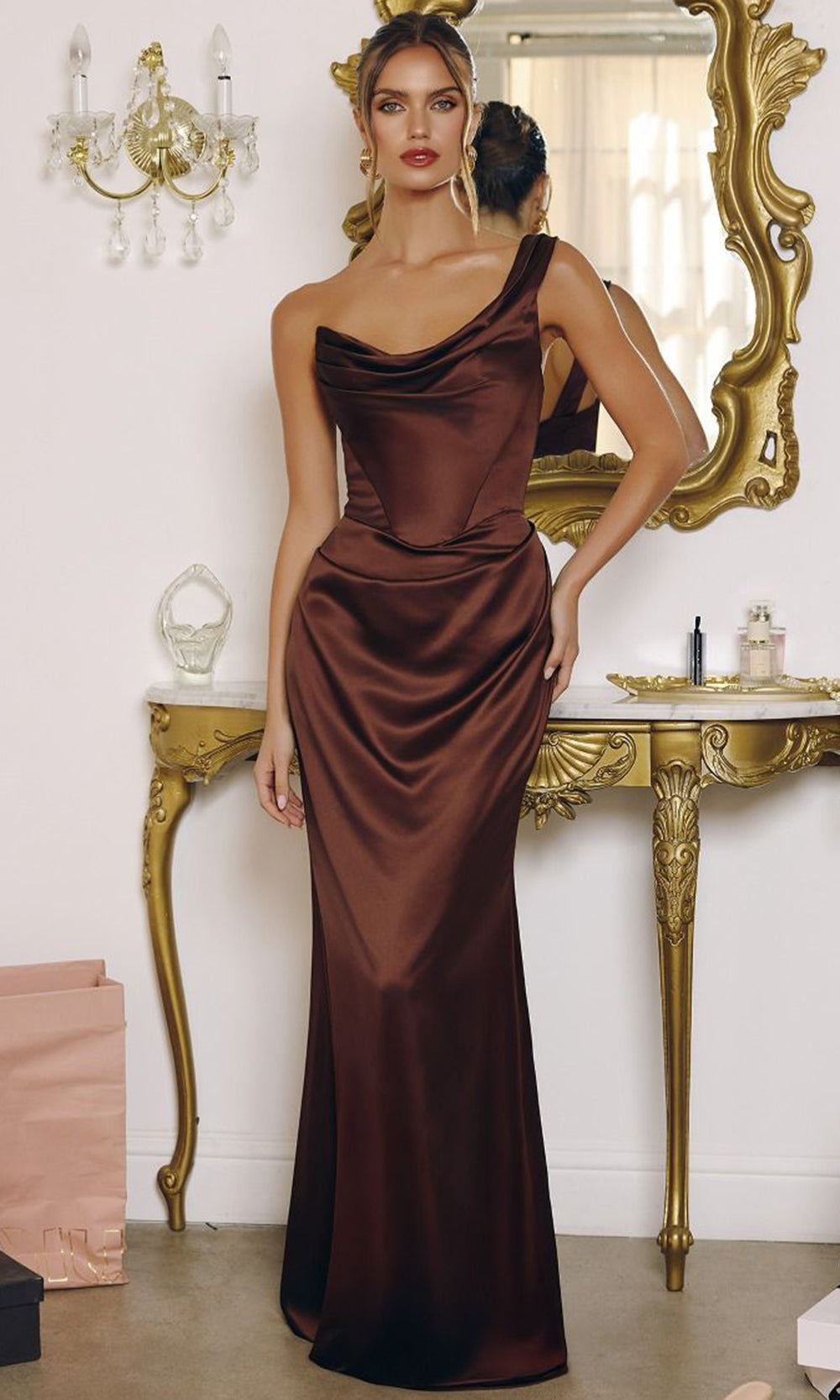 Amoris by Ladivine T727 - Asymmetric Basque Waist Evening Gown Prom Dresses in Espresso