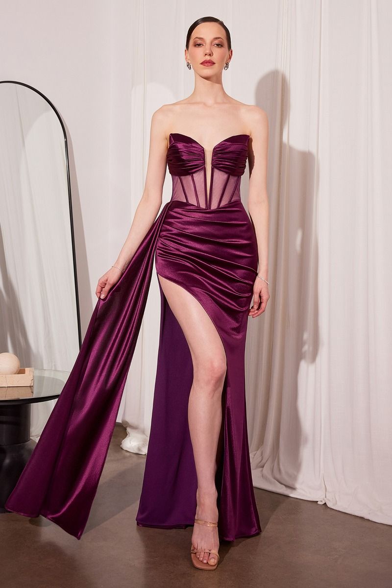 Amoris by Ladivine T811 - Strapless Illusion Corset Satin Gown Prom Dresses in Deep Red