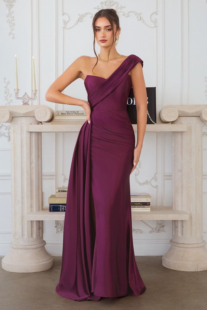Amoris by Ladivine T817 - One Shoulder Sheath Gown with Slit Prom Dresses in Burgundy