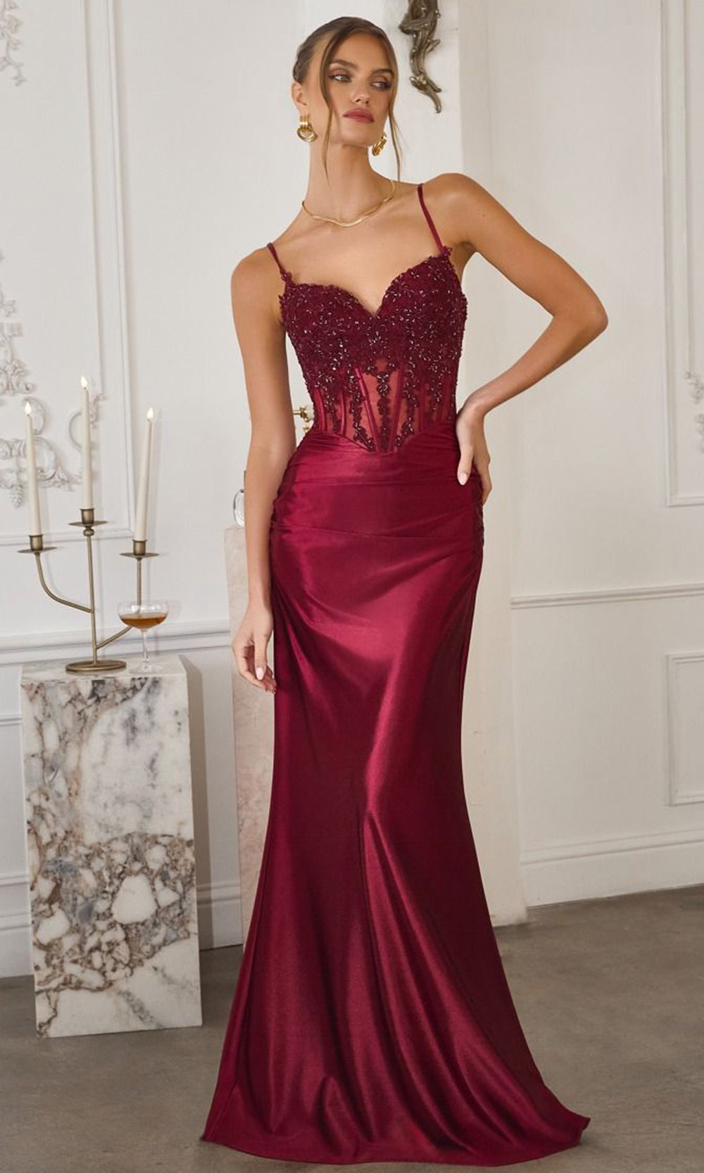 Amoris by Ladivine T819 - Metallic Satin Embellished Corset Gown Prom Dresses in Burgundy