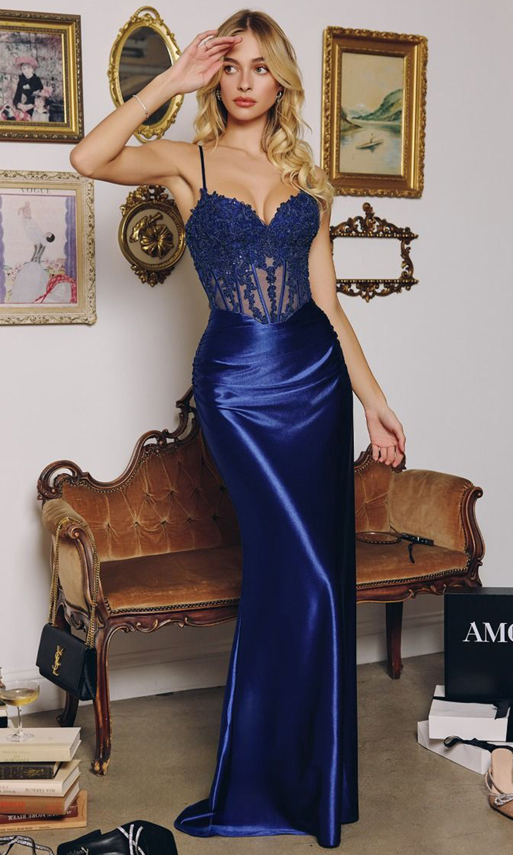 Amoris by Ladivine T819 - Metallic Satin Embellished Corset Gown Prom Dresses in Navy