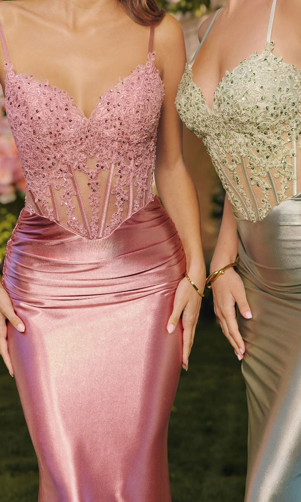 Amoris by Ladivine T819 - Metallic Satin Embellished Corset Gown Prom Dresses in Sage Rose