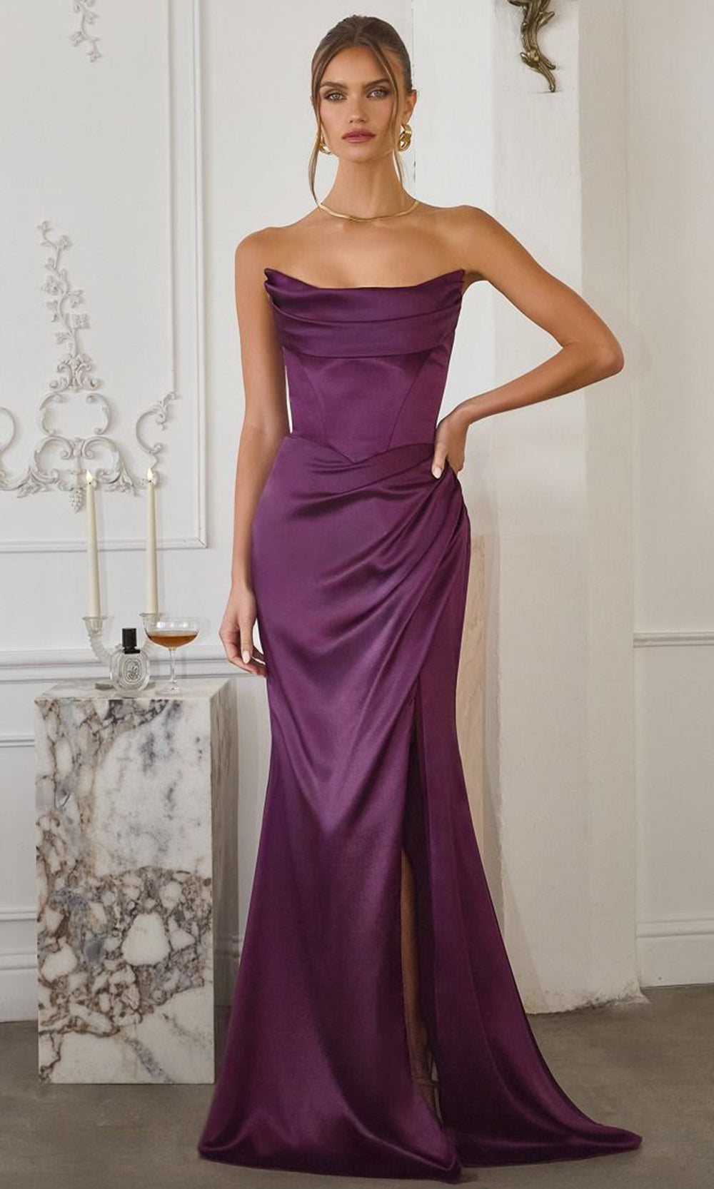 Amoris by Ladivine T820 - Detachable Sleeve High Slit Satin Gown Prom Dresses