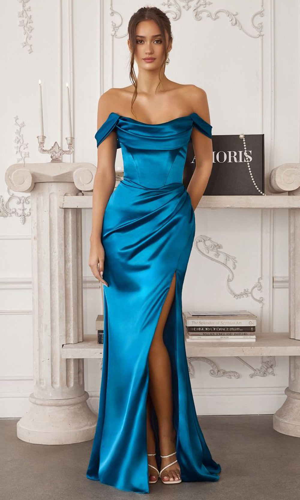 Amoris by Ladivine T820 - Detachable Sleeve High Slit Satin Gown Prom Dresses