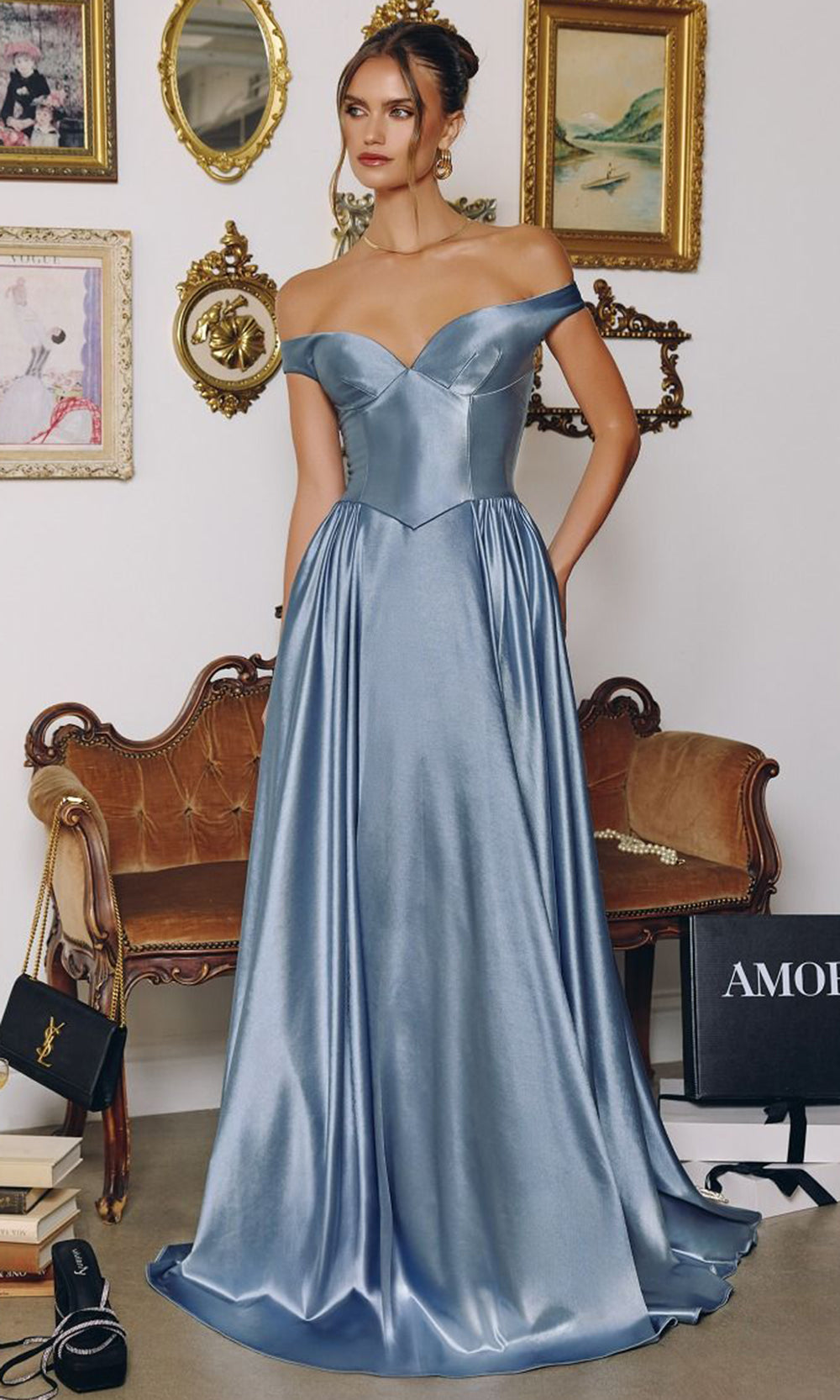Amoris by Ladivine T821 - Basque Waist Off Shoulder Long Gown Bridesmaid Dresses in Blue