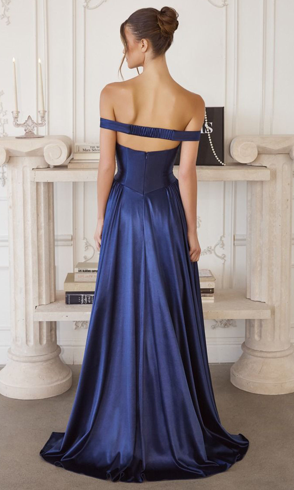 Amoris by Ladivine T821 - Basque Waist Off Shoulder Long Gown Bridesmaid Dresses in Navy