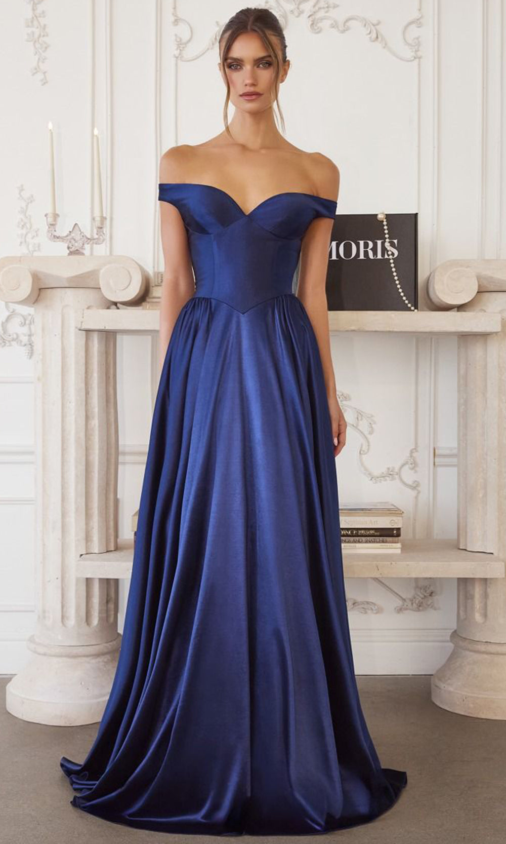 Amoris by Ladivine T821 - Basque Waist Off Shoulder Long Gown Bridesmaid Dresses in Navy