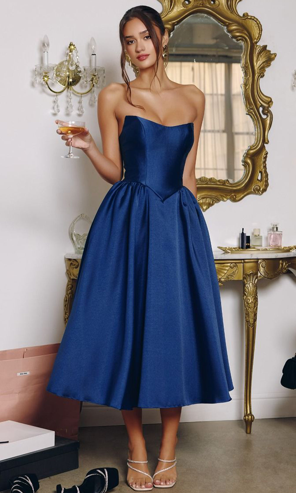 Amoris by Ladivine T822 - Lace-Up Back A-Line Midi Dress Cocktail Dresses in Navy