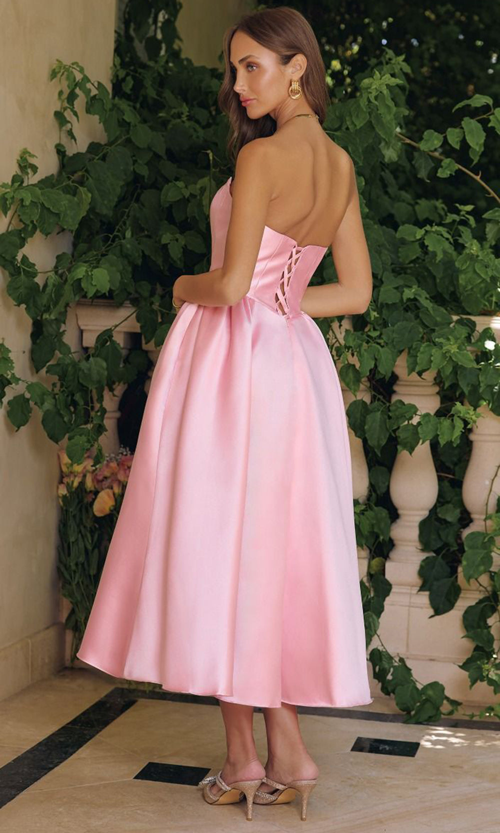 Amoris by Ladivine T822 - Lace-Up Back A-Line Midi Dress Cocktail Dresses in Pink