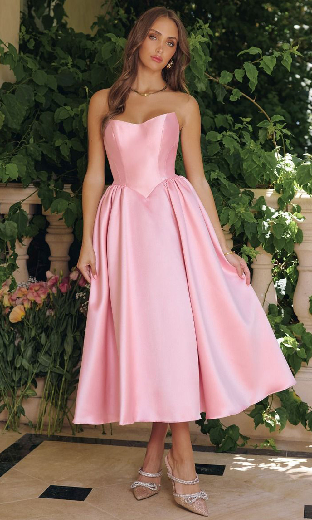 Amoris by Ladivine T822 - Lace-Up Back A-Line Midi Dress Cocktail Dresses in Pink