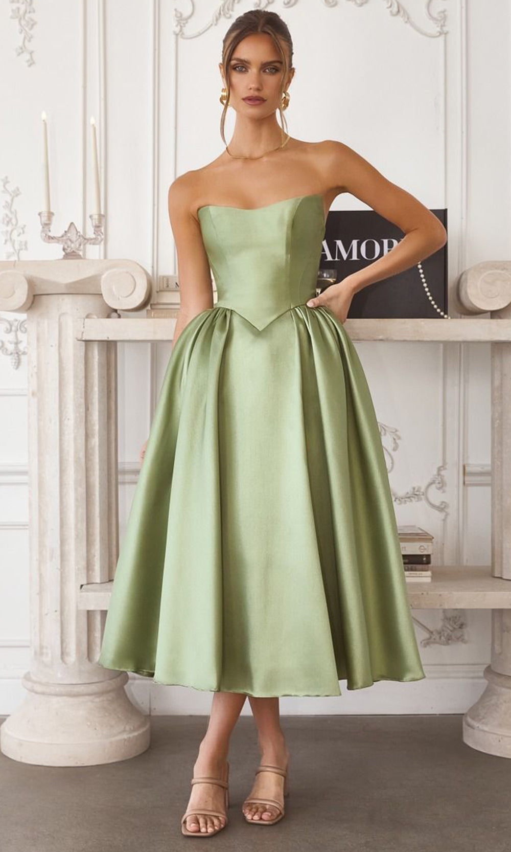 Amoris by Ladivine T822 - Lace-Up Back A-Line Midi Dress Cocktail Dresses in Sage