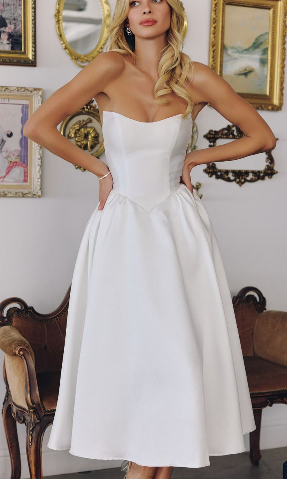 Amoris by Ladivine T822W - Gathered Waist Scoop Midi Dress Cocktail Dresses in Off White