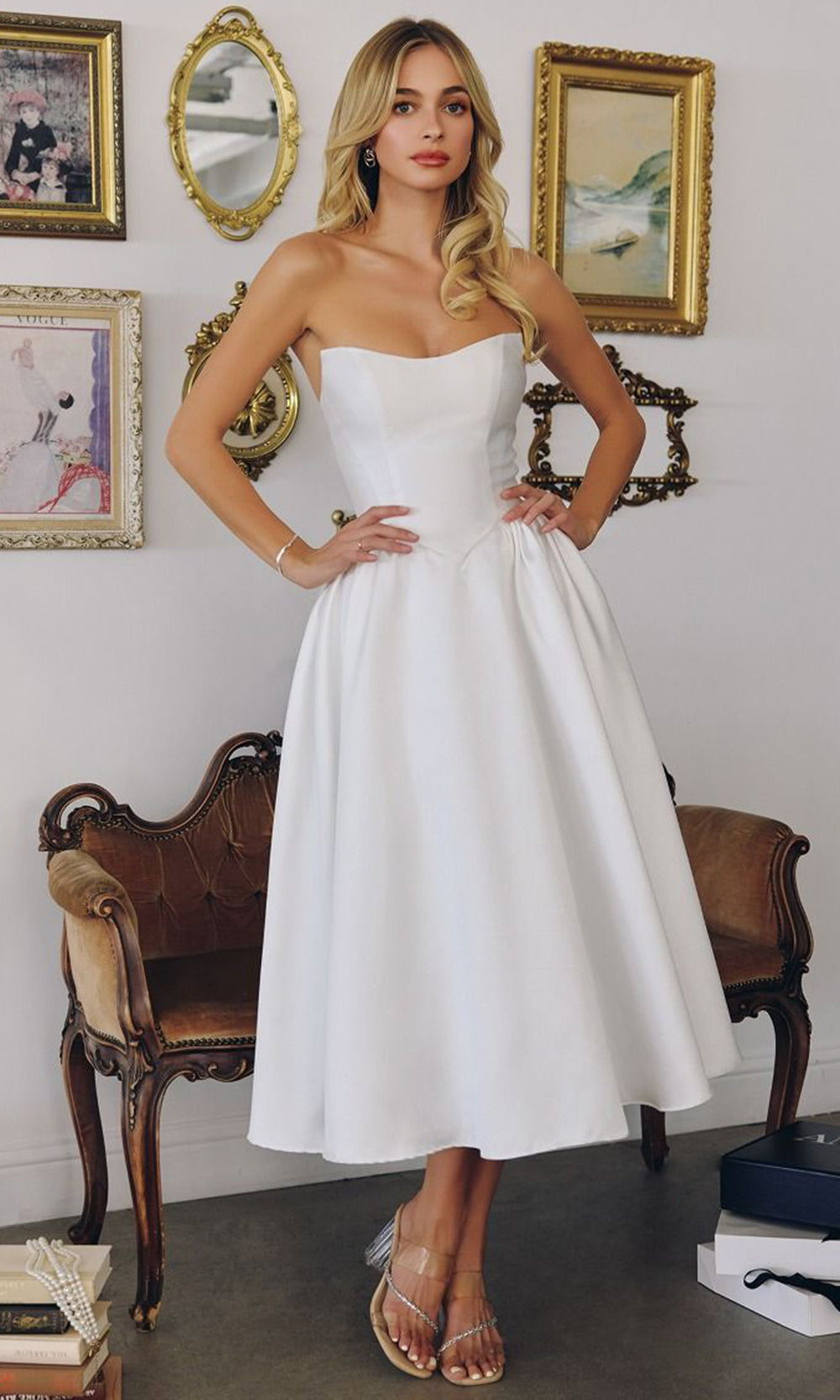 Amoris by Ladivine T822W - Gathered Waist Scoop Midi Dress Cocktail Dresses in Off White