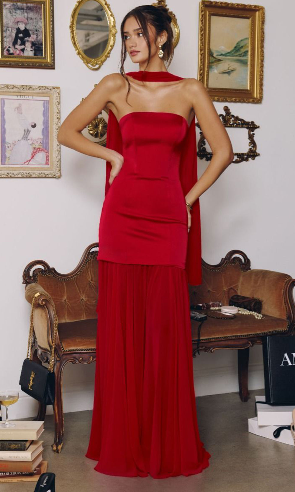 Amoris by Ladivine T825 - Strapless Sheath Gown with Neck Scarf Bridesmaid Dresses in Red