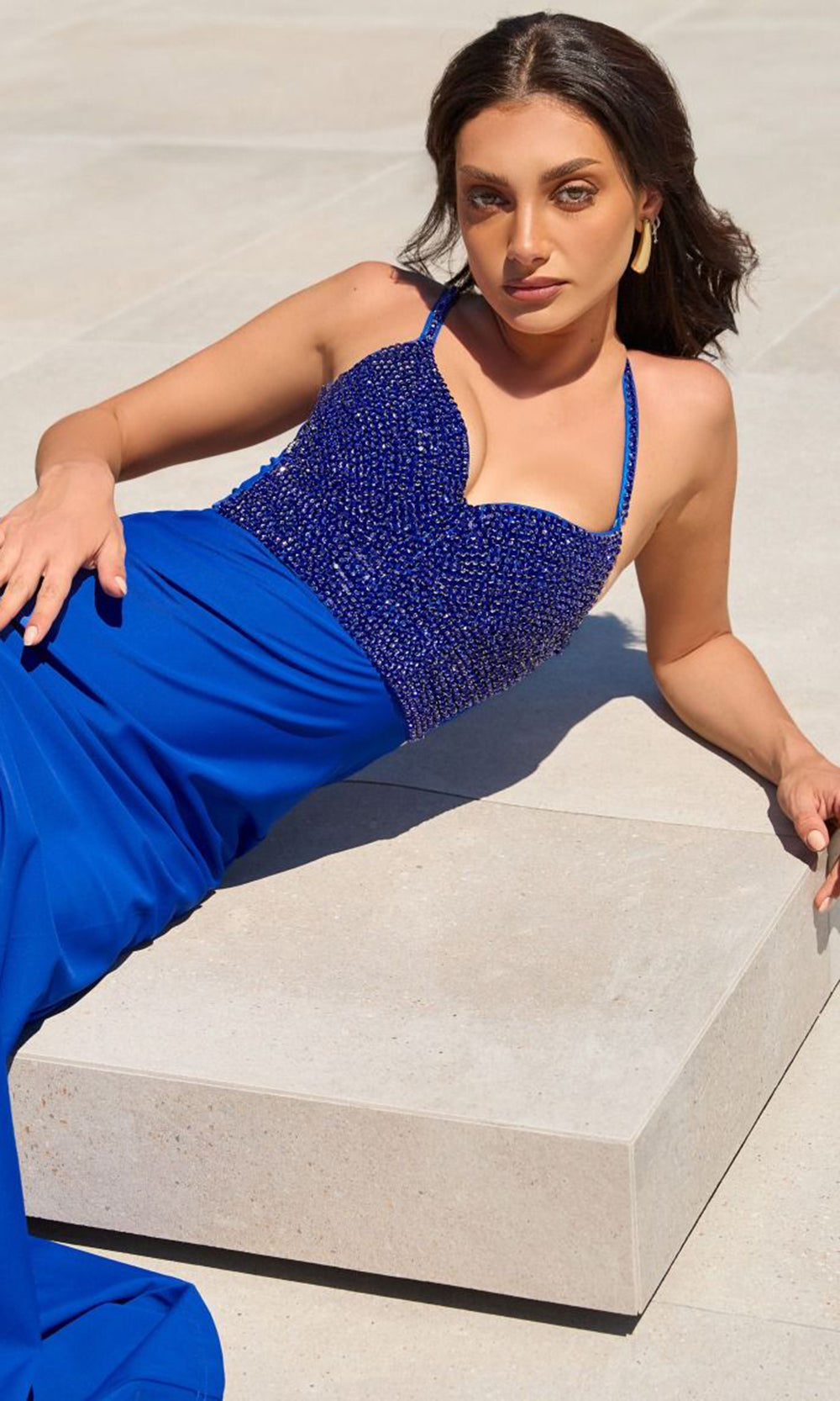 Amoris by Ladivine T9002 - Spaghetti Strap Rhinestone Beaded Gown Prom Dresses in Royal