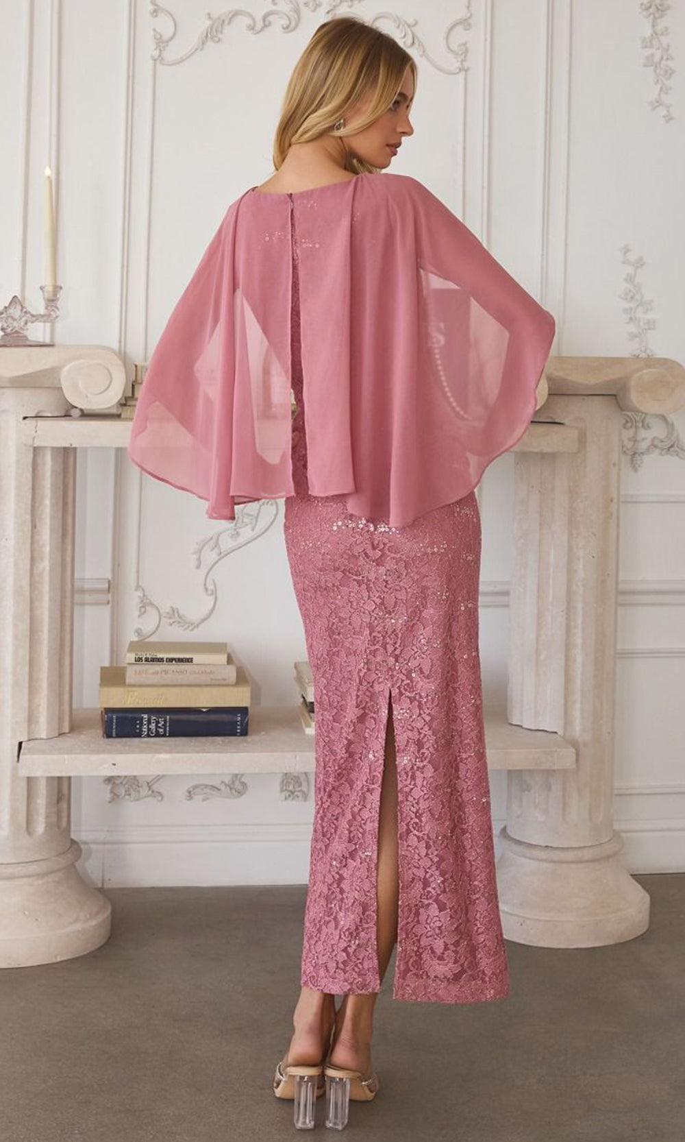 Amoris by Ladivine T906 - Jewel Neck Tea-Length Lace Dress Mother of the Bride Dresses in Rose