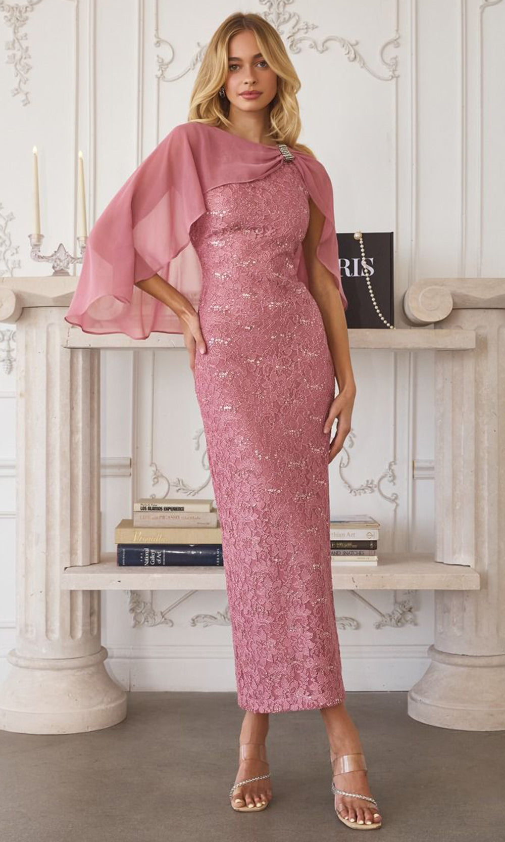 Amoris by Ladivine T906 - Jewel Neck Tea-Length Lace Dress Mother of the Bride Dresses in Rose