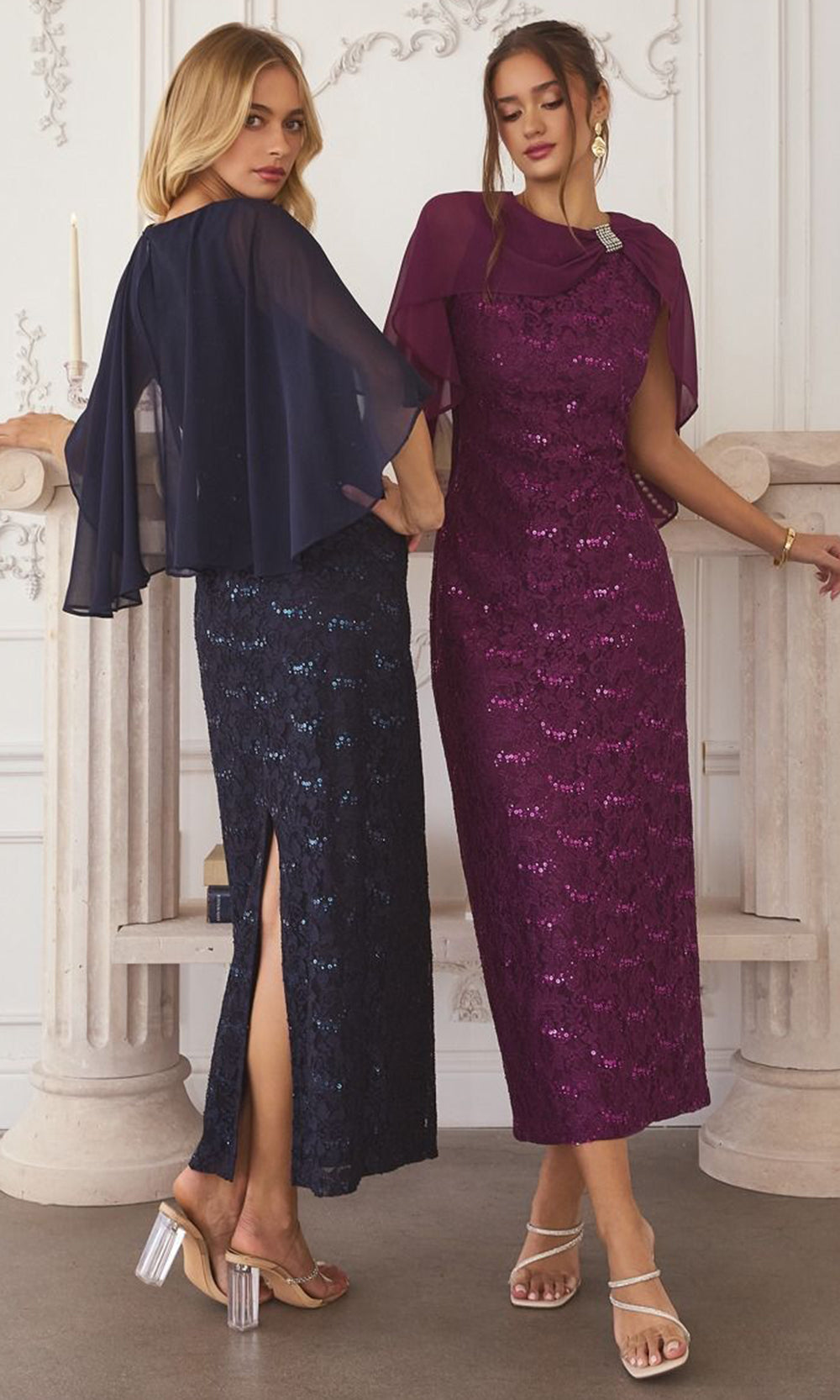 Amoris by Ladivine T906 - Jewel Neck Tea-Length Lace Dress Mother of the Bride Dresses in Eggplant Navy