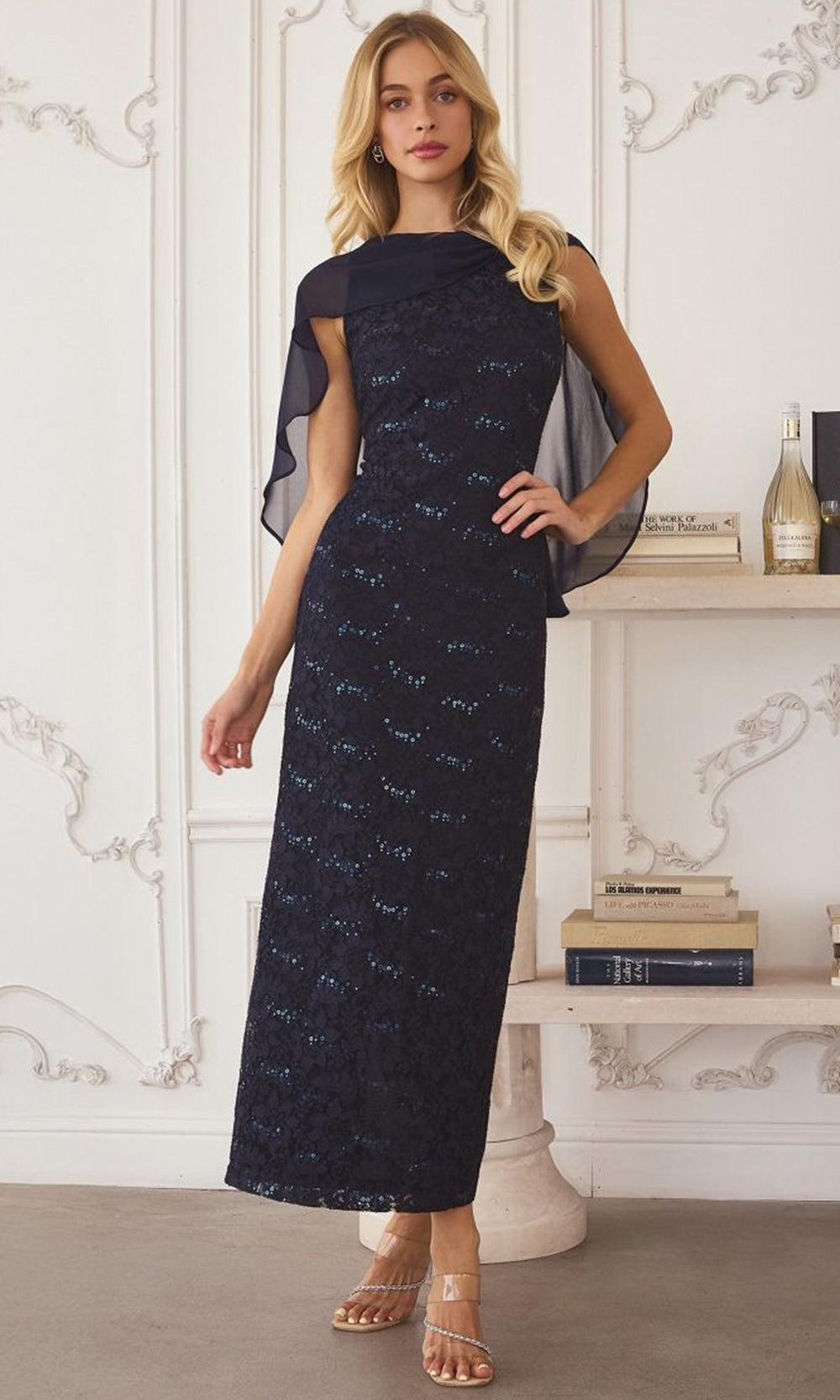 Amoris by Ladivine T906 - Jewel Neck Tea-Length Lace Dress Mother of the Bride Dresses in Navy