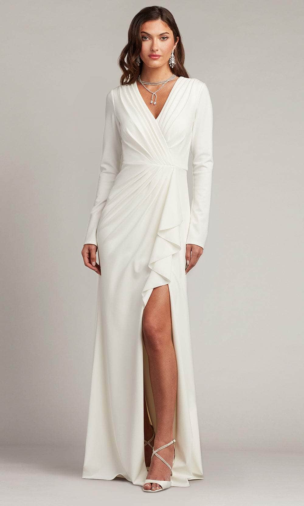 Tadashi Shoji BOS20704LBR - Kleiman Crepe Sheath Cascading Drape Gown Mother Of The Bride Dresses XXS / Ivory