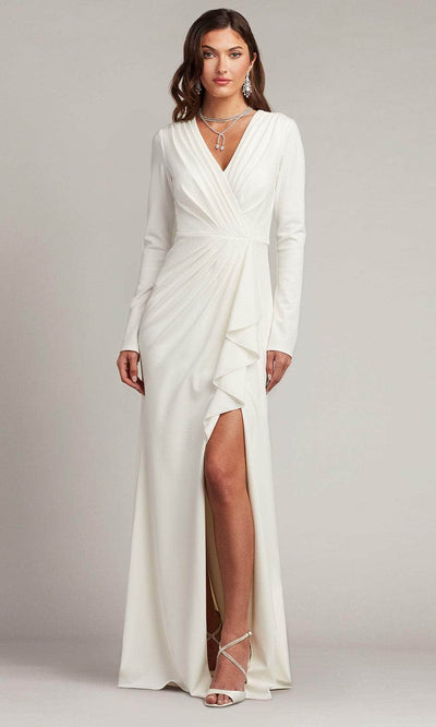 Tadashi Shoji BOS20704LBR - Kleiman Crepe Sheath Cascading Drape Gown Mother Of The Bride Dresses XXS / Ivory