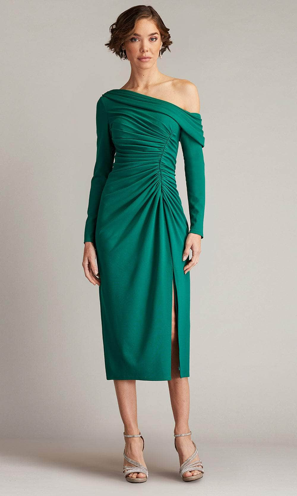 Tadashi Shoji BOS24637MD - Blume Gathered Midi Asymmetric Dress Homecoming Dresses XXS / Emerald