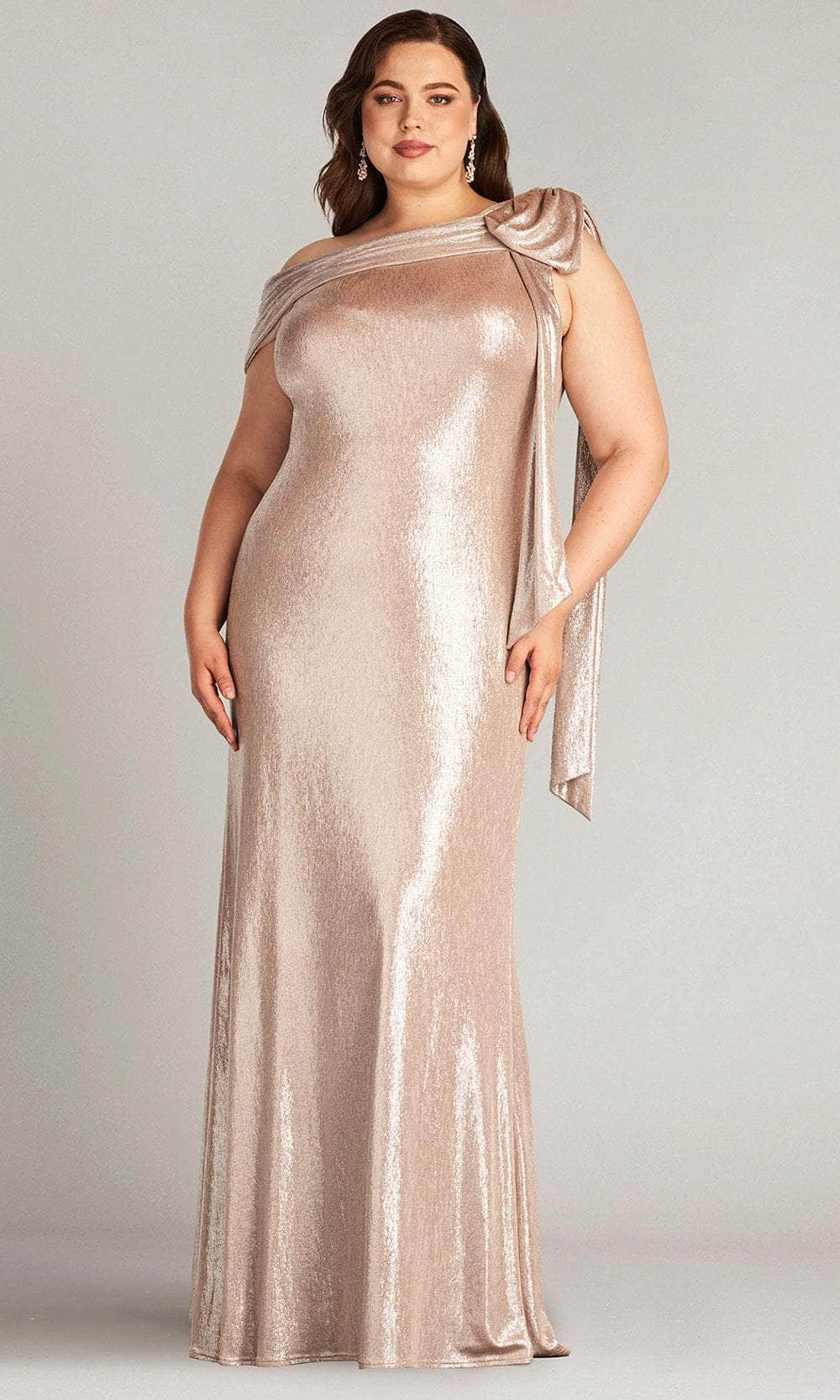 Tadashi Shoji BSJ18371LQ - Valia Bow-Shoulder Lame Gown - PLUS SIZE Mother of the Bride Dresses 1X / Antique Pink