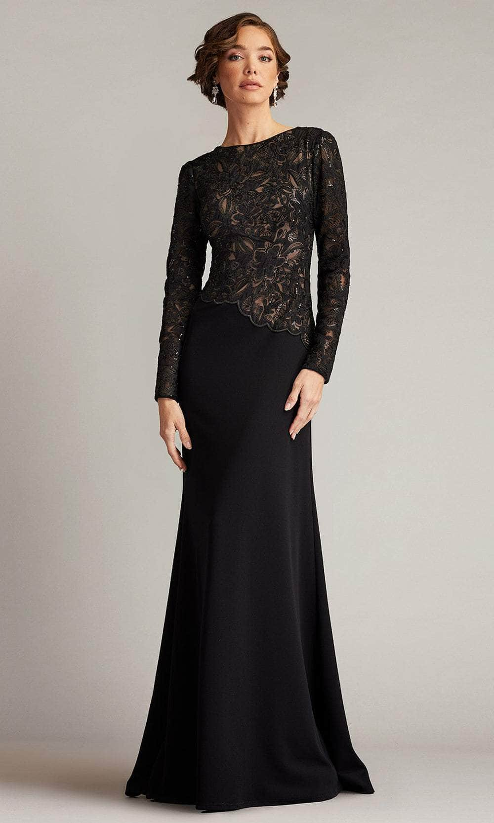 Tadashi Shoji CBI16206LXY - Long Sleeve Lace Bodice Gown Mother of the Bride Dresses 0 / Black/Nude