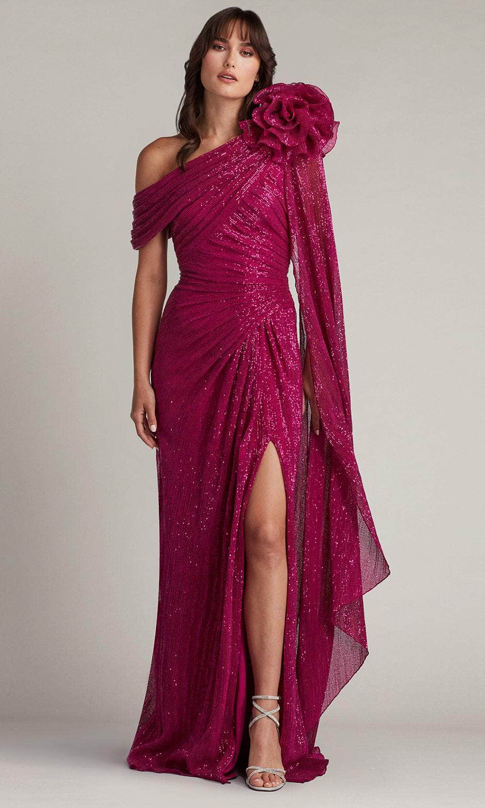 Tadashi Shoji CDM24012L - Aveta Sequin Draped Rosette Shoulder Long Gown Prom Dresses