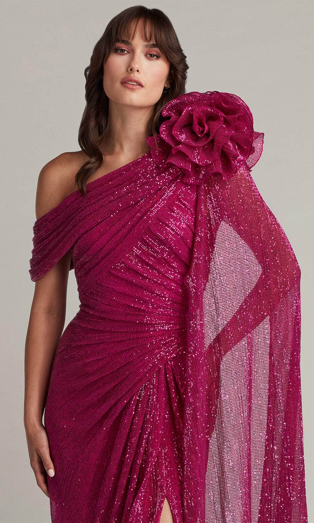 Tadashi Shoji CDM24012L - Aveta Sequin Draped Rosette Shoulder Long Gown Prom Dresses