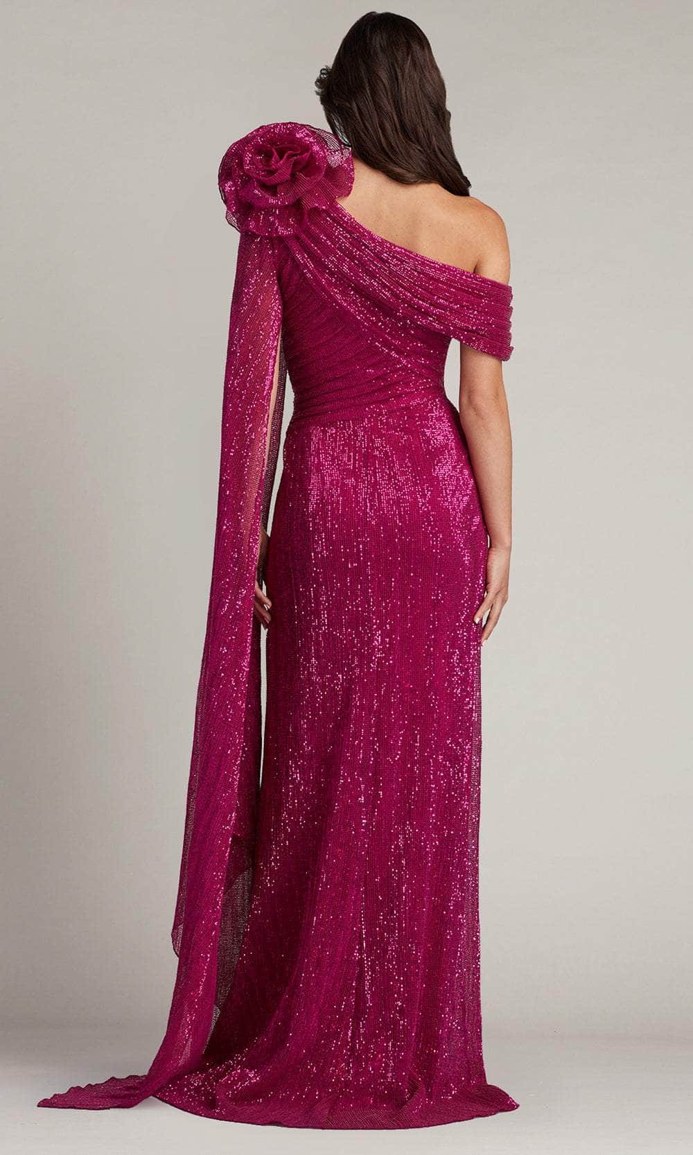 Tadashi Shoji CDM24012L - Aveta Sequin Draped Rosette Shoulder Long Gown Prom Dresses
