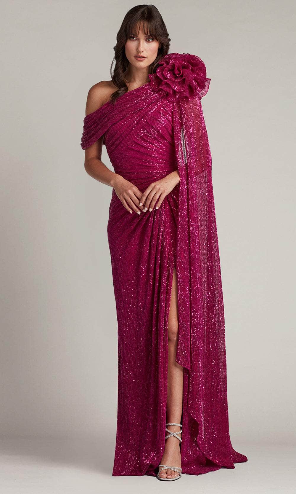 Tadashi Shoji CDM24012L - Aveta Sequin Draped Rosette Shoulder Long Gown Prom Dresses XXS / Water Lily