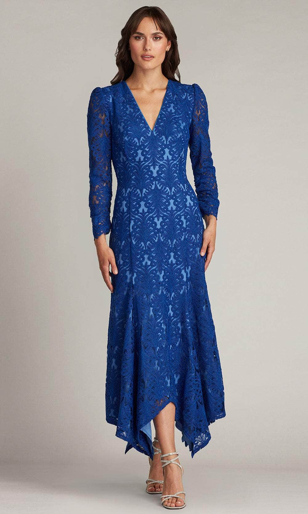 Tadashi Shoji CDY21187MD - Arcela Handkerchief Hem V-Neck Midi Dress Homecoming Dresses 0 / Mystic Blue