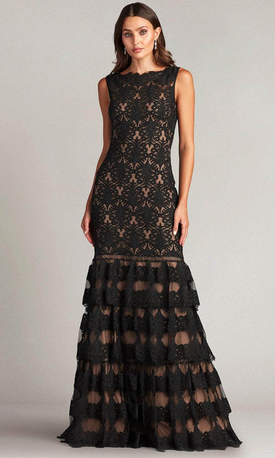 Tadashi Shoji CDY24229L - Tiered Embroidered Long Gown Formal Gowns 0 / Black/Nude