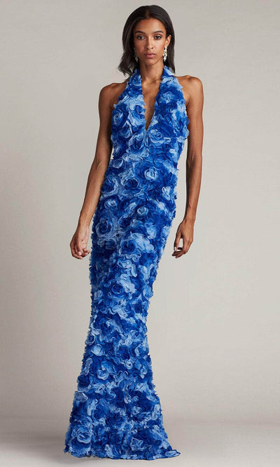 Tadashi Shoji CFI24309L - Rosette Applique Evening Gown Prom Dresses 0 / Mystic Blue