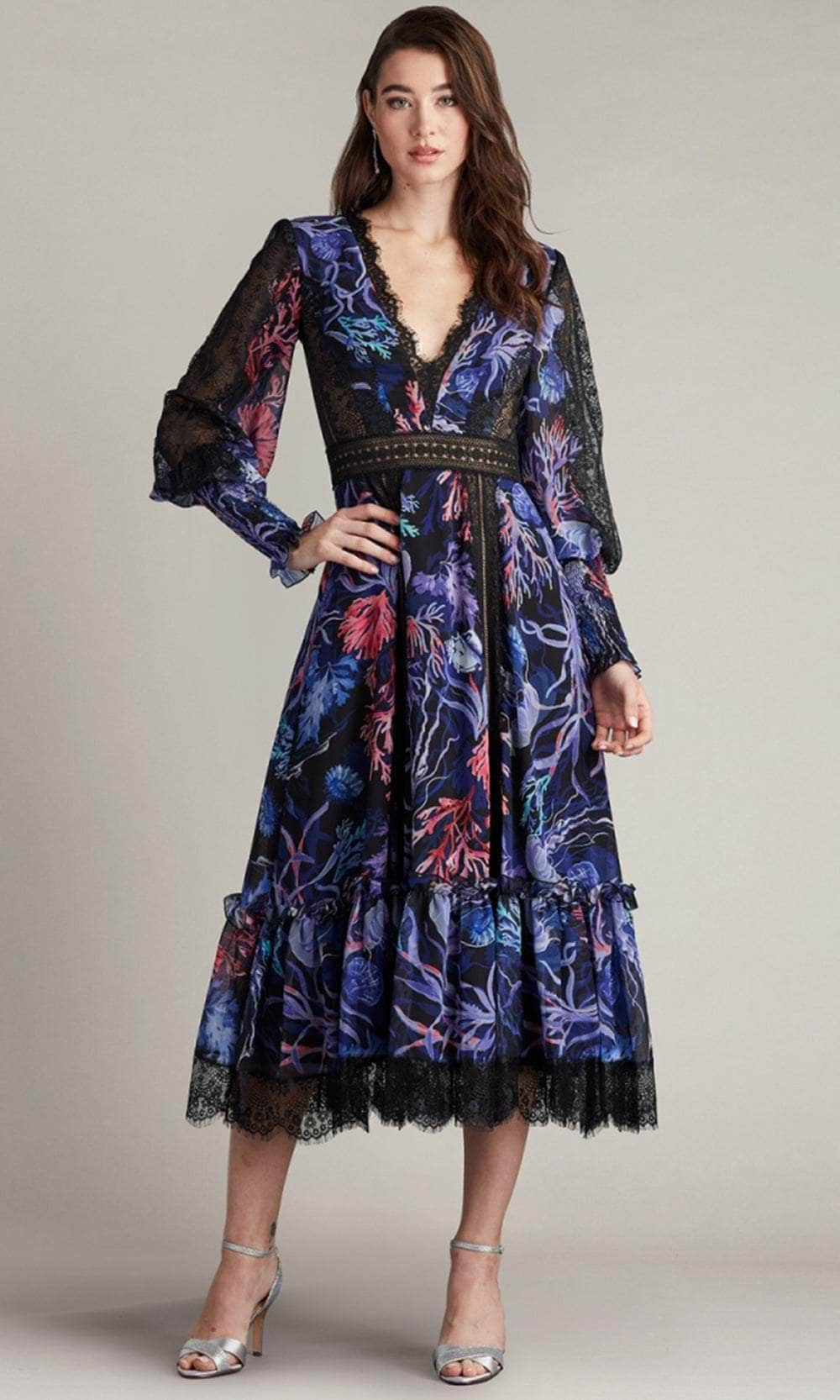 Tadashi Shoji CFL24398MD - Printed Tea-Length Dress Homecoming Dresses 0 / Garnet