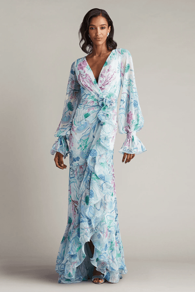 Tadashi Shoji CFL24404L - V-Neck Ruffle Trim Long Gown Mother Of The Bride Dresses 0 / Bright Aqua