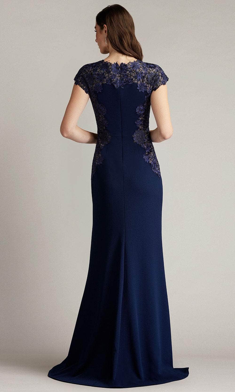 tadashi shoji navy blue lace dress Tadashi Shoji Navy Blue Sequin Embellished Lace Belted Boat Neck Gown L