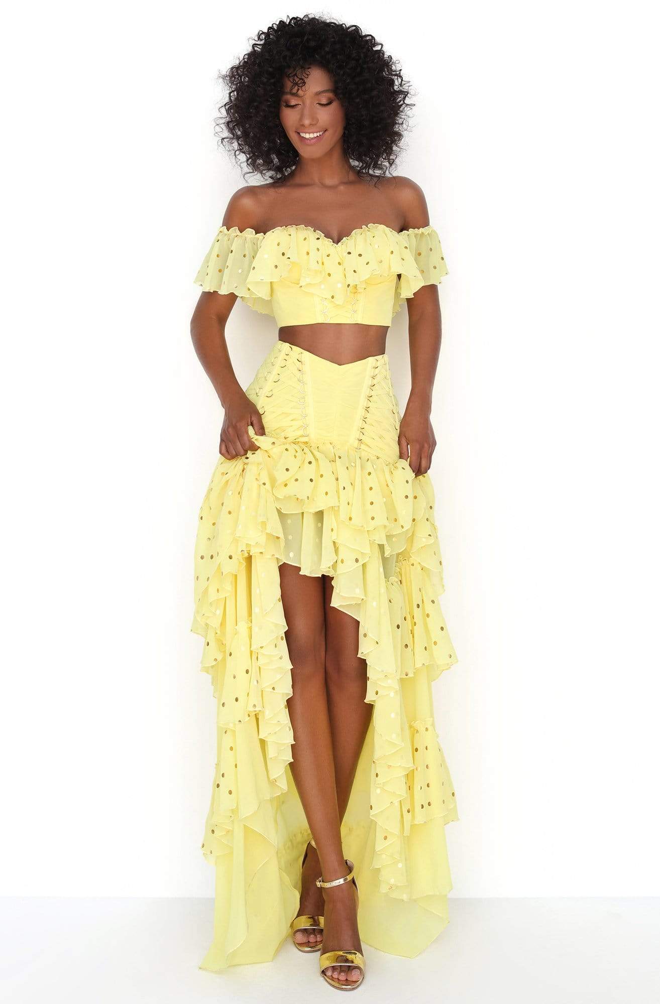 Tarik Ediz - 50623 Off-Shoulder Ruffles Dots Chiffon Two-Piece Dress Prom Dresses