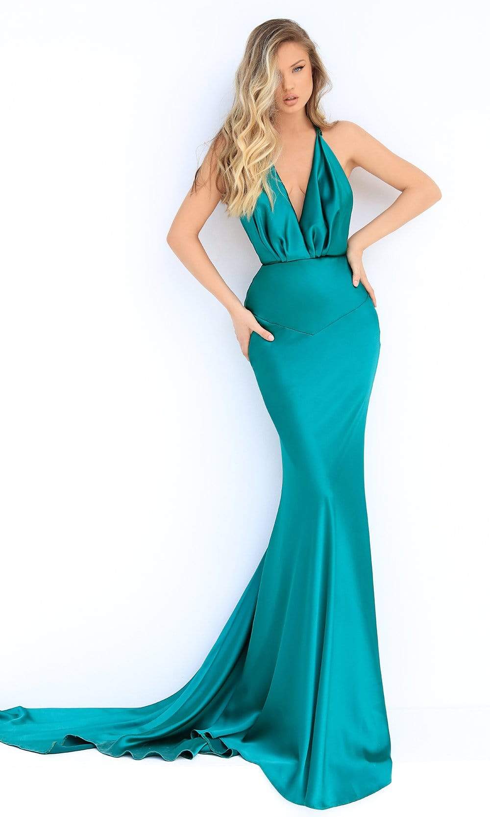 Tarik Ediz - 50857 Deep V Neck Trumpet Gown With Train Prom Dresses 0 / Emerald