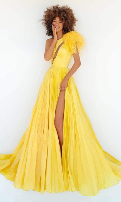 Tarik Ediz - 51013 Feather Draped Cutout Gown Evening Dresses 0 / Yellow