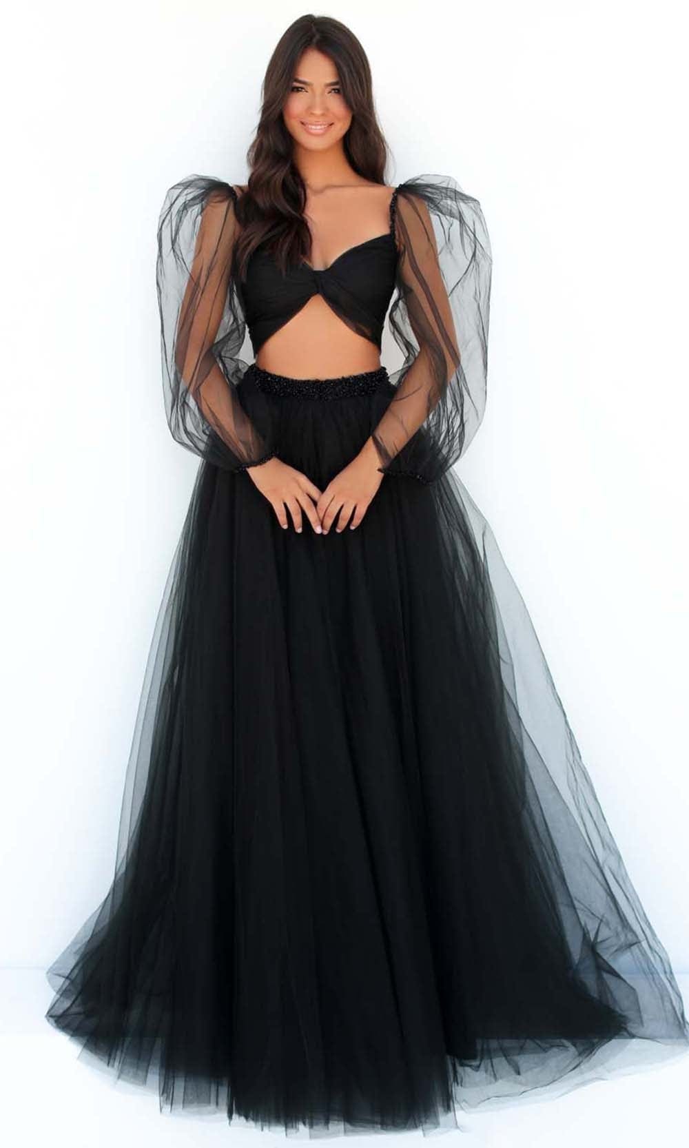 Tarik Ediz - 51037 Sheer Bishop Sleeve Tulle Gown Prom Dresses 0 / Black