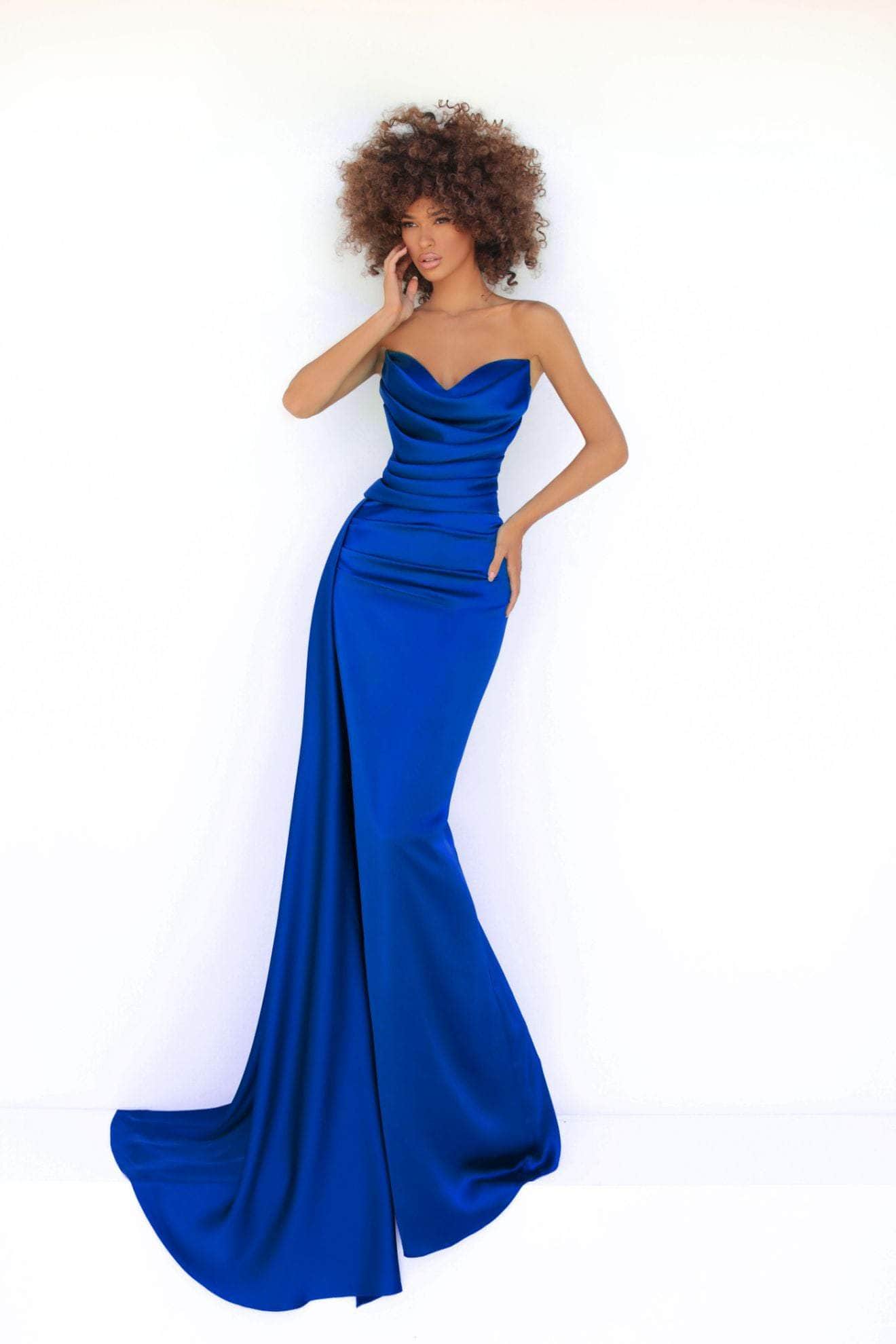 Tarik Ediz - 51144 Draped Cowl Satin Gown Prom Dresses 0 / Royal Blue