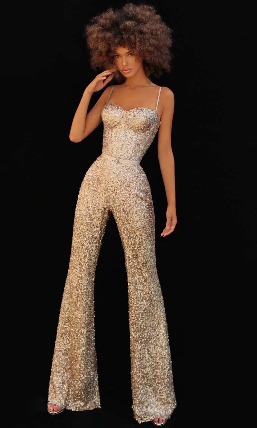 Tarik Ediz - 51163 Fitted Sweetheart Jumpsuit Evening Dresses 0 / Gold