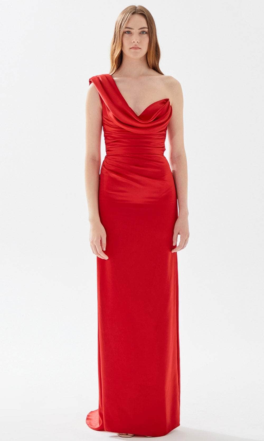 Tarik Ediz 52014 - Draped One Shoulder Prom Dress Prom Dresses 00 / Red