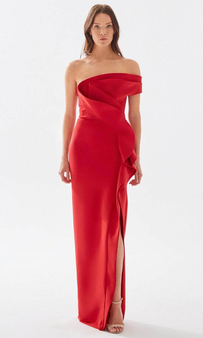 Tarik Ediz 52029 - Asymmetrical Ruffled Prom Dress Prom Dresses 00 / Red