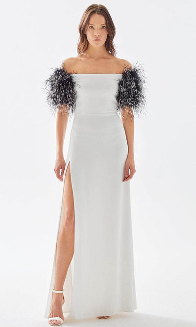 Tarik Ediz 52033 - Feathered A-Line Prom Dress Prom Dresses 00 / Ivory