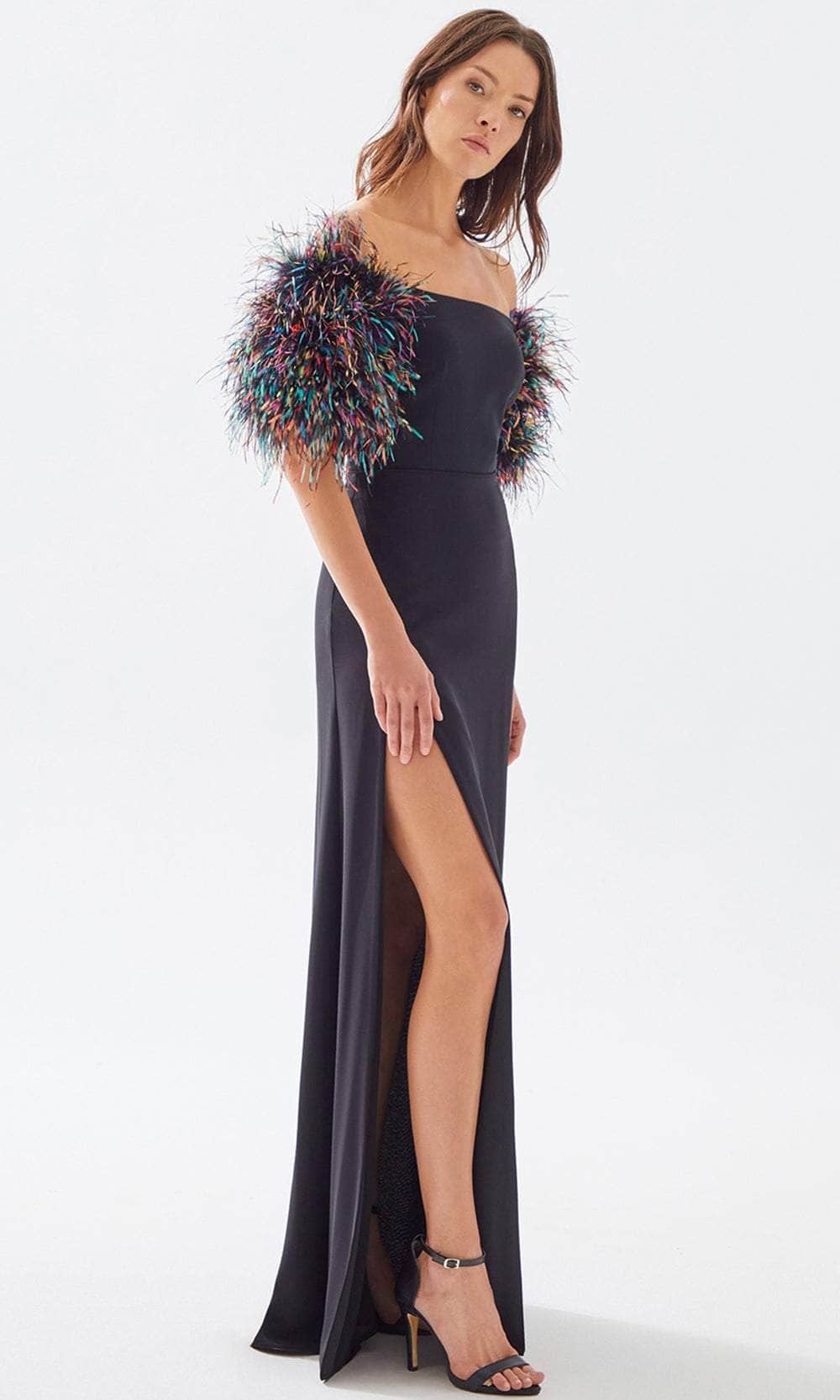 Tarik Ediz 52033 - Feathered A-Line Prom Dress In Black