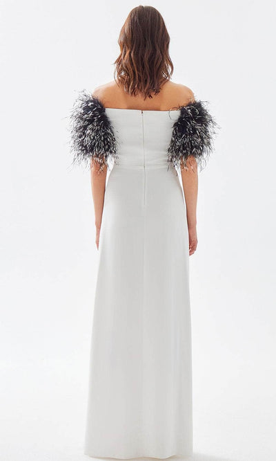 Tarik Ediz 52033 - Feathered A-Line Prom Dress In White