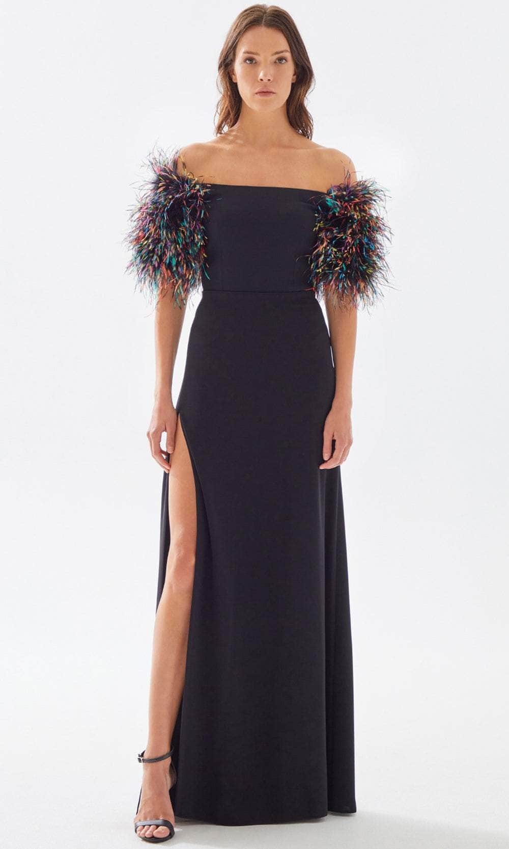 Tarik Ediz 52033 - Feathered A-Line Prom Dress In Black